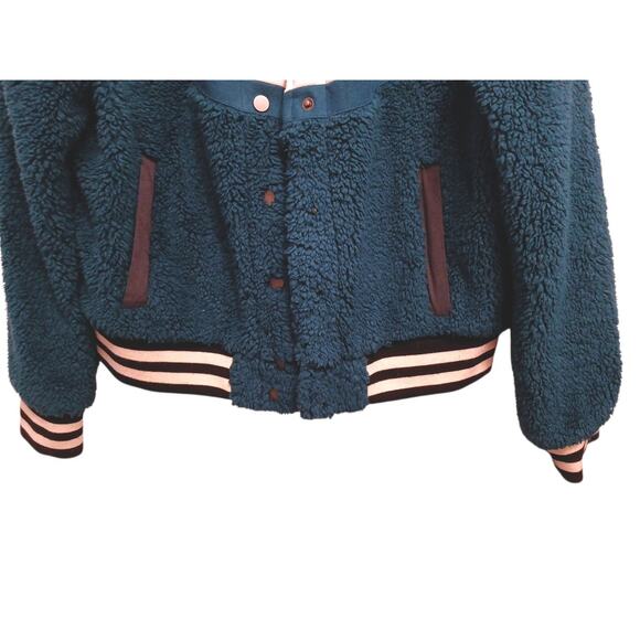 Celebrity Pink Jacket Faux Fur Varsity Bomber Teddy Coat Green Beige Women Sz L - Picture 7 of 16